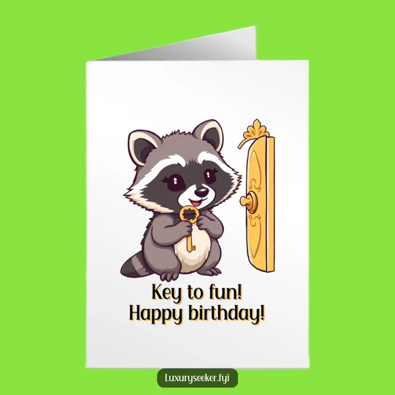 Funny Free Printable Birthday Card: Raccoon Key Door Downloadable Gift