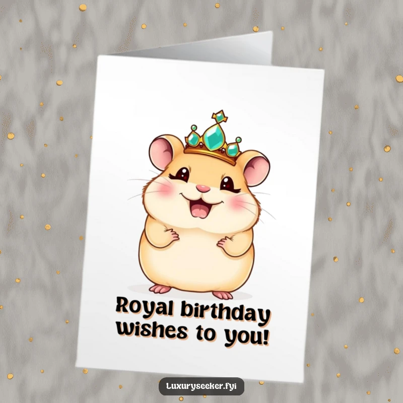 Funny Free Printable Birthday Card: Giggling hamster wearing a tiny jeweled crown, striking a proud, regal pose with a smile.