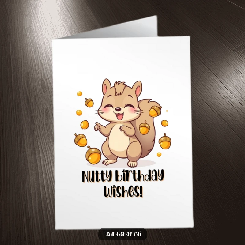 Funny Free Printable Birthday Card: Playful squirrel gleefully juggles shiny golden acorns. Downloadable gift.