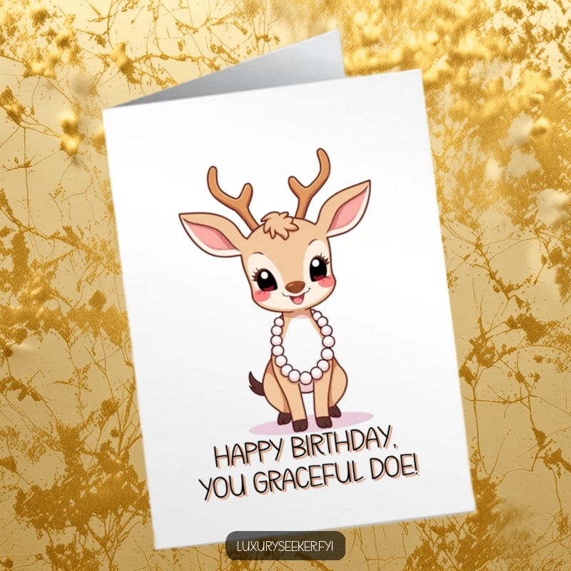 Funny Free Printable Birthday Card: Joyful deer strikes a graceful pose wearing a pearl necklace, wishing happy birthday.