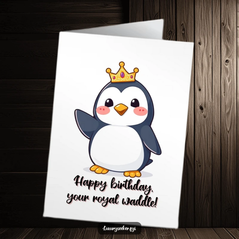 Funny Free Printable Birthday Card featuring a happy penguin striking a regal pose wearing a tiny, glittering crown.