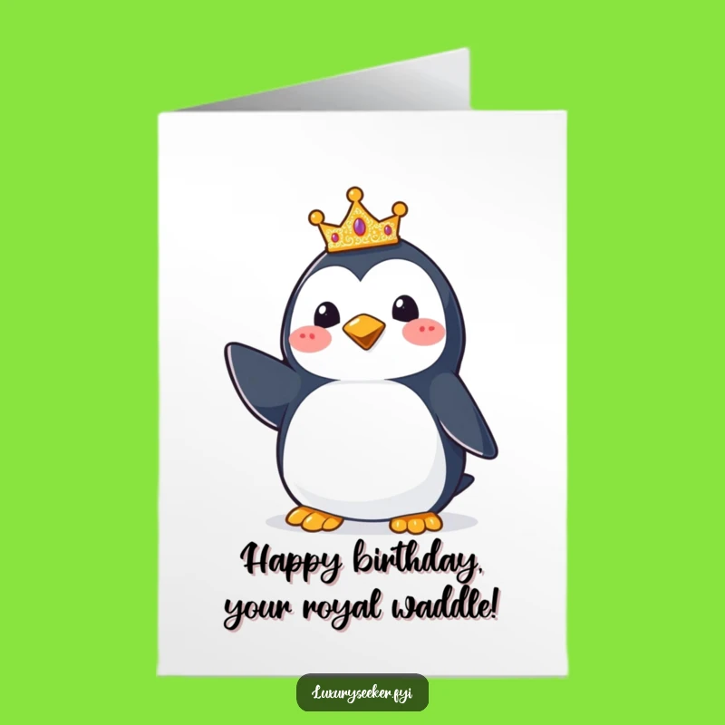Free Printable Birthday Card: Happy Penguin Crown Pose Downloadable