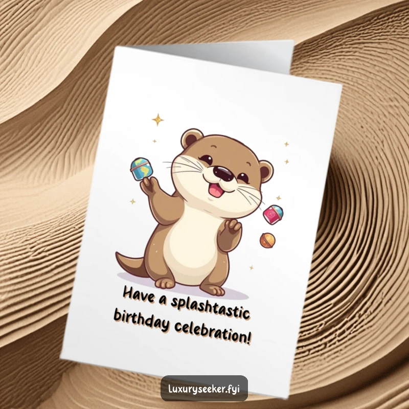 Funny Free Printable Birthday Card of a playful otter masterfully juggling small, shiny objects, celebrating with flair.