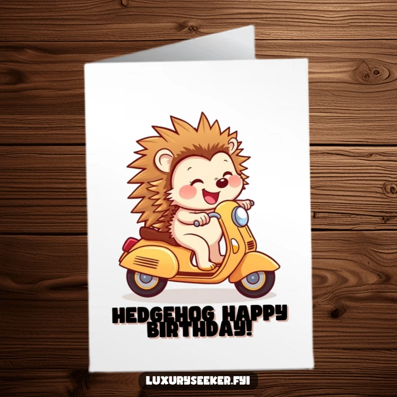 Funny Free Printable Birthday Card: a joyful hedgehog confidently rides a small golden scooter with a wide, happy smile.