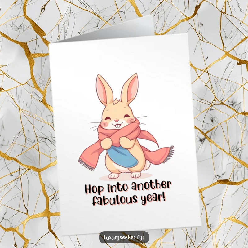 Funny free printable birthday card featuring a delighted rabbit elegantly draped in a long, flowing silk scarf.