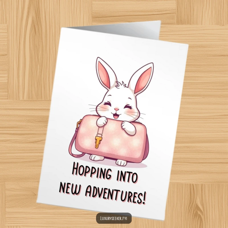 Funny Free Printable Birthday Card: Delighted rabbit examining a shimmering oversized handbag, wishing a happy birthday.