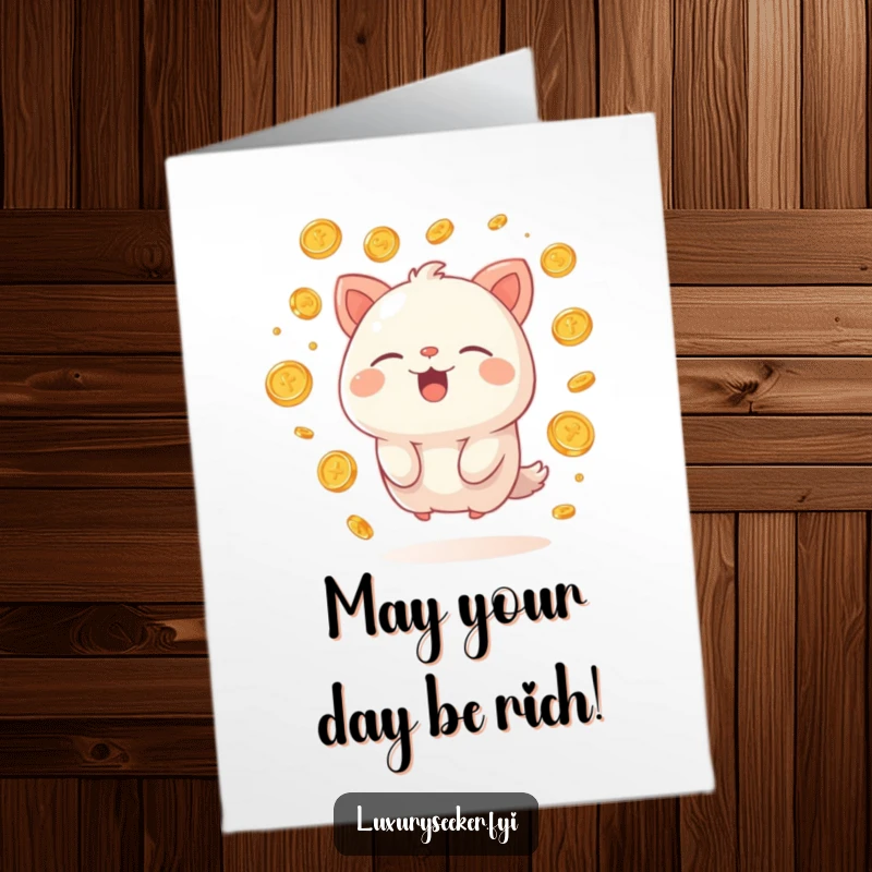 Funny Free Printable Birthday Card: Happy creature sighing contentedly, surrounded by a shower of shiny golden coins.