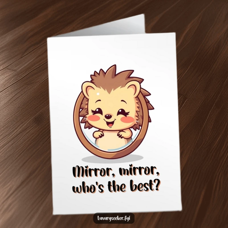Funny Free Printable Hedgehog Birthday Card: A smiling hedgehog admiring his handsome reflection in a mirror.