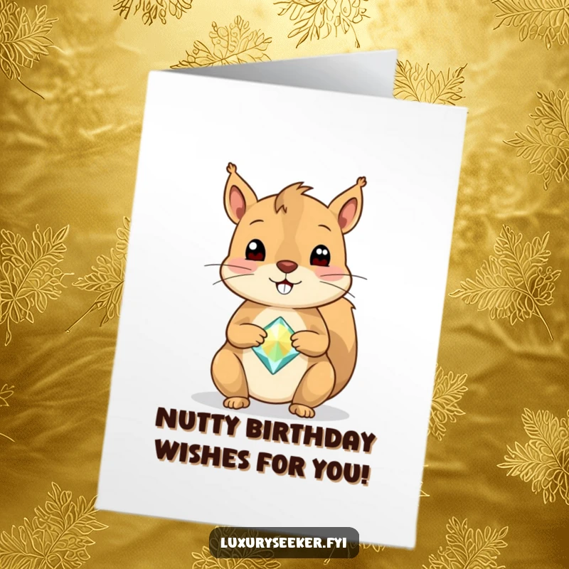 Funny Free Printable Birthday Card: A cheerful squirrel skillfully balancing a single, large sparkly gemstone on its nose.