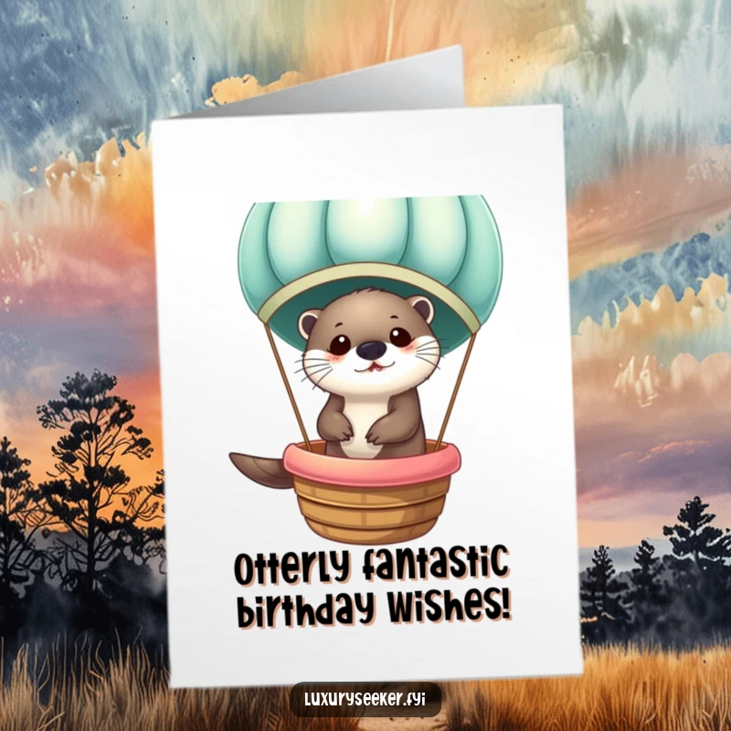 Funny Free Printable Birthday Card: A cute otter pilots a velvet hot air balloon, ready for adventure and celebration.
