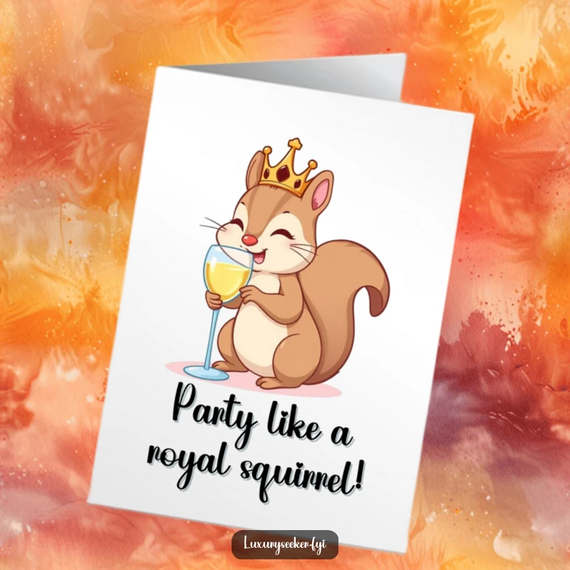 Funny Free Printable Birthday Card: Happy squirrel in a tiny crown sips champagne, celebrating a birthday with flair.