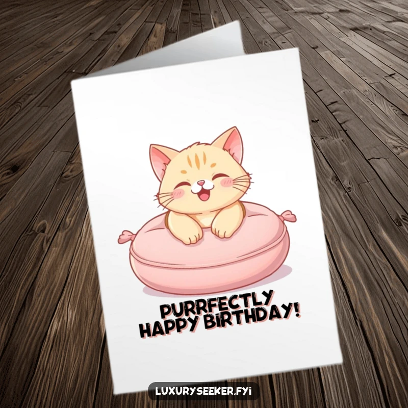Funny Free Printable Birthday Card: Happy cat lounging regally on a plush miniature velvet cushion, happy birthday!