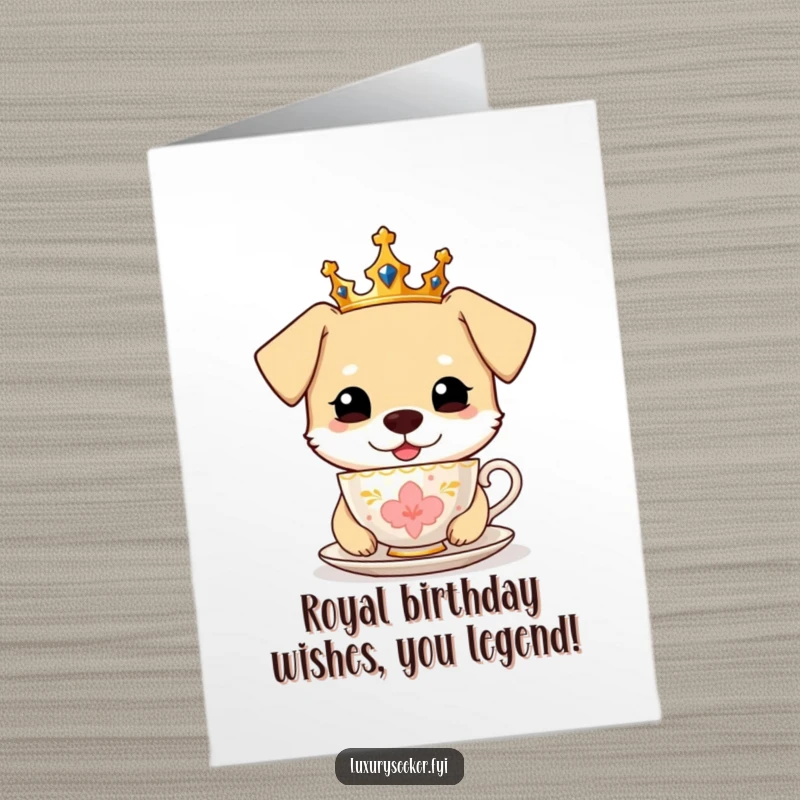 Funny free printable birthday card showing a cheerful dog wearing a tiny crown and sipping tea from a golden cup.
