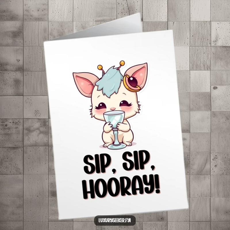 Funny Free Printable Birthday Card: Whimsical creature with a unique accessory elegantly sips from a tiny, sparkling crystal goblet.