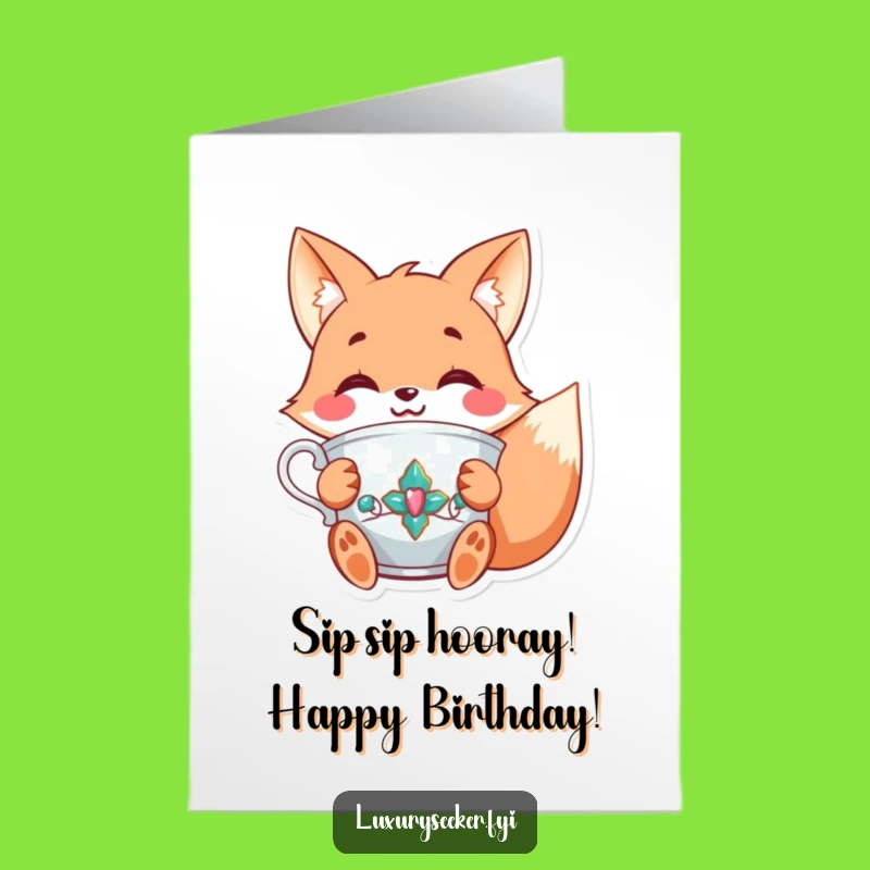 Free Printable Birthday Card: Fancy Fox Tea Time, Elegant Downloadable Gift