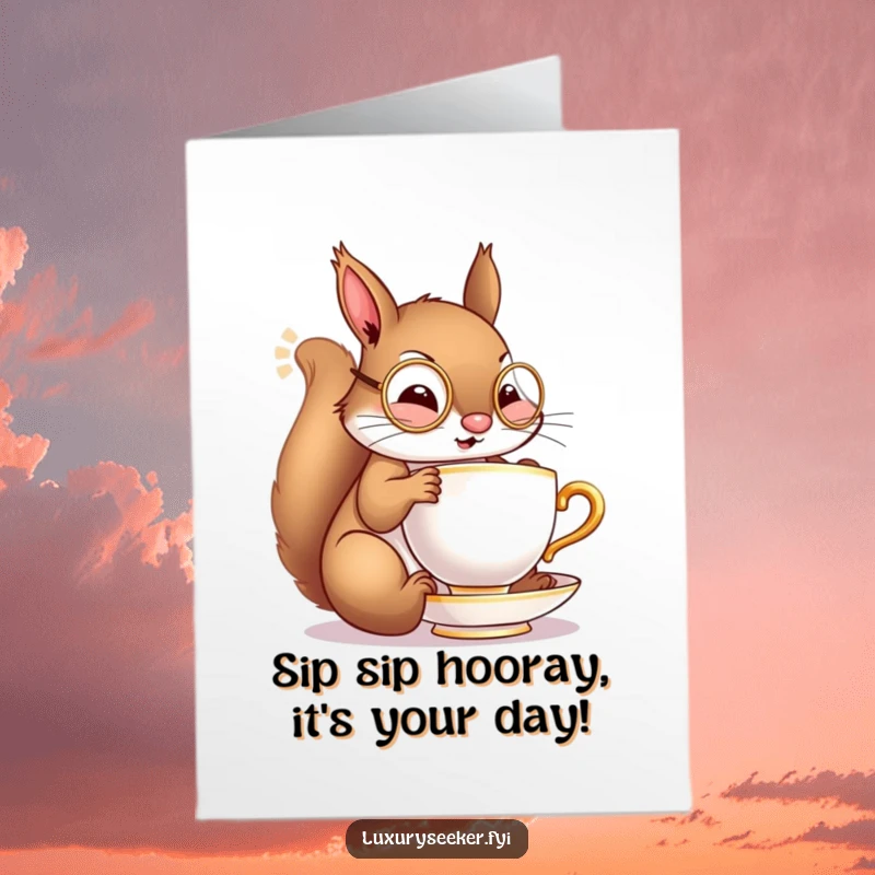 Funny Free Printable Birthday Card: Cheerful squirrel wearing a monocle, sipping from a tiny golden teacup.