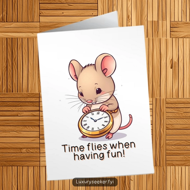Funny Free Printable Birthday Card: A content mouse gazing admiringly at a tiny, intricate pocket watch, celebrating time well spent.