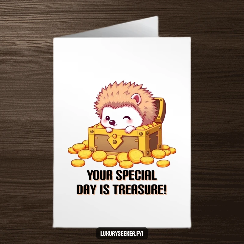 Funny Free Printable Birthday Card: Curious hedgehog peeking into a gilded treasure chest overflowing with gold coins.