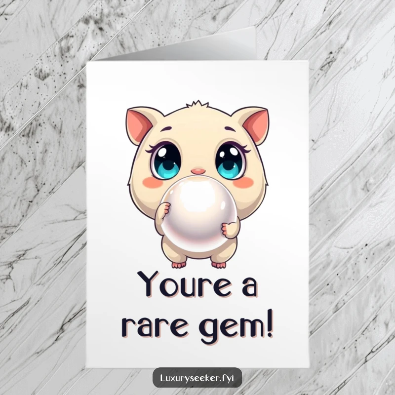 Funny Free Printable Birthday Card: Curious creature pointing at a giant shimmering pearl, a precious DIY gift.