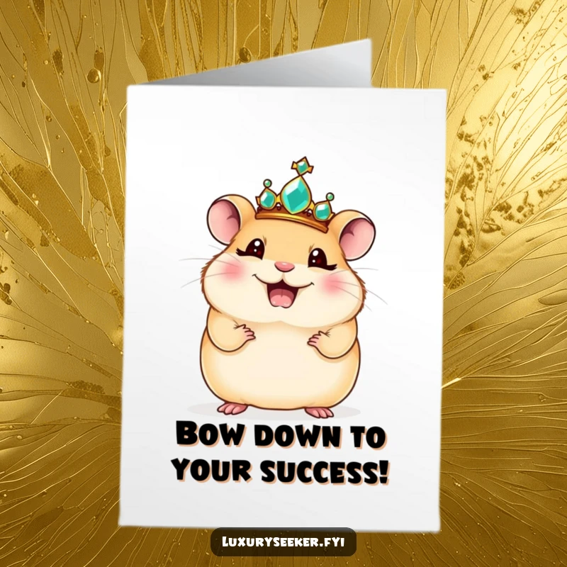 Free Printable Congratulations Card: A giggling hamster king in a jeweled crown strikes a regal pose, celebrating a great win.