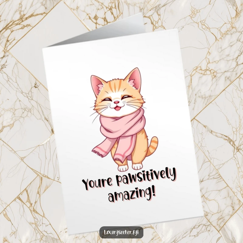 Funny Free Printable Congratulations Card: A giggling cat in a luxurious silk scarf celebrating success with style.