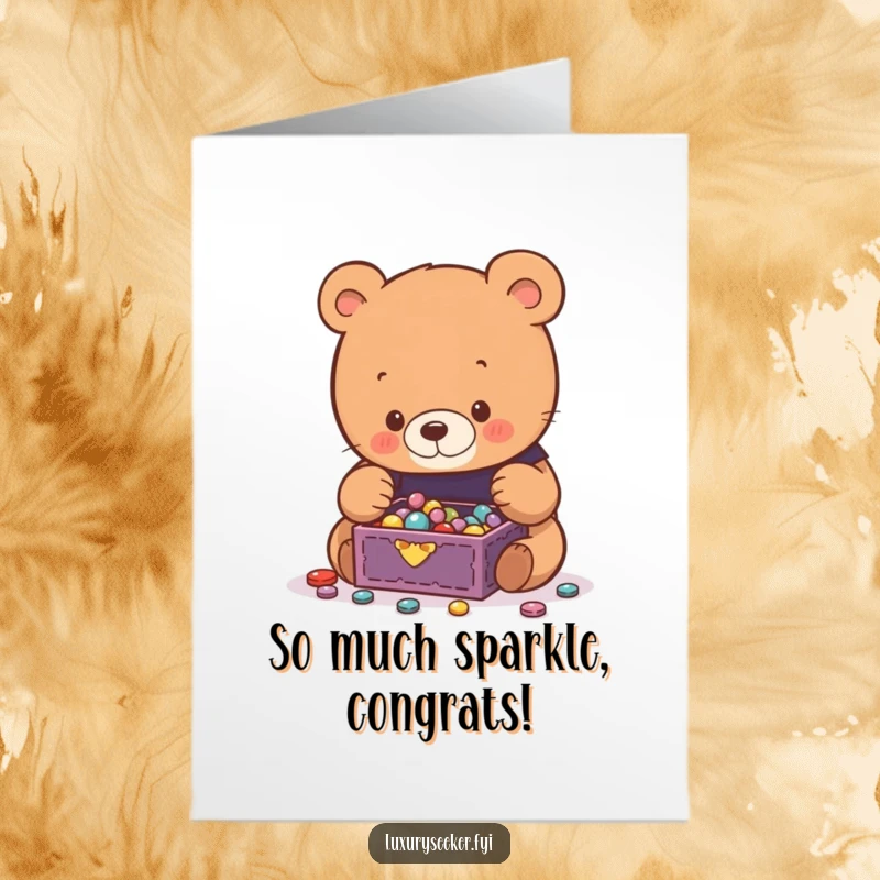 Free Printable Congratulations Card: A curious bear admiring a tiny jewelry box overflowing with shiny treasures, celebrating success.