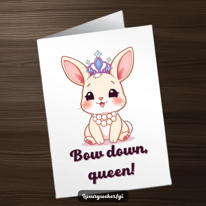 Funny Free Printable Congratulations Card: A happy bunny adorned with a pearl necklace, admiring a sparkling tiara.