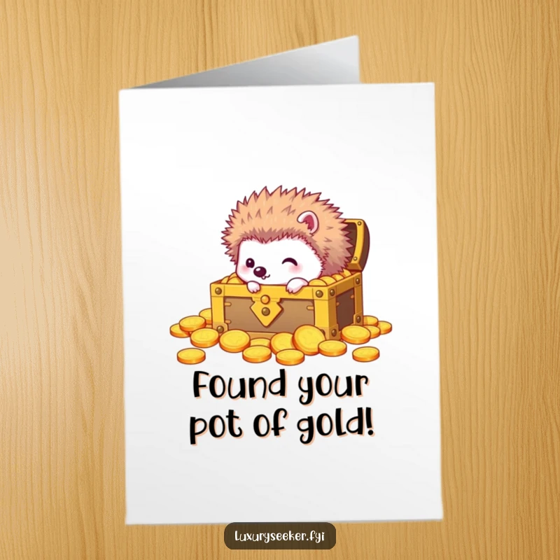 Funny Free Printable Congrats Card: Curious hedgehog peering into a treasure chest brimming with gold coins, celebrating fortune.