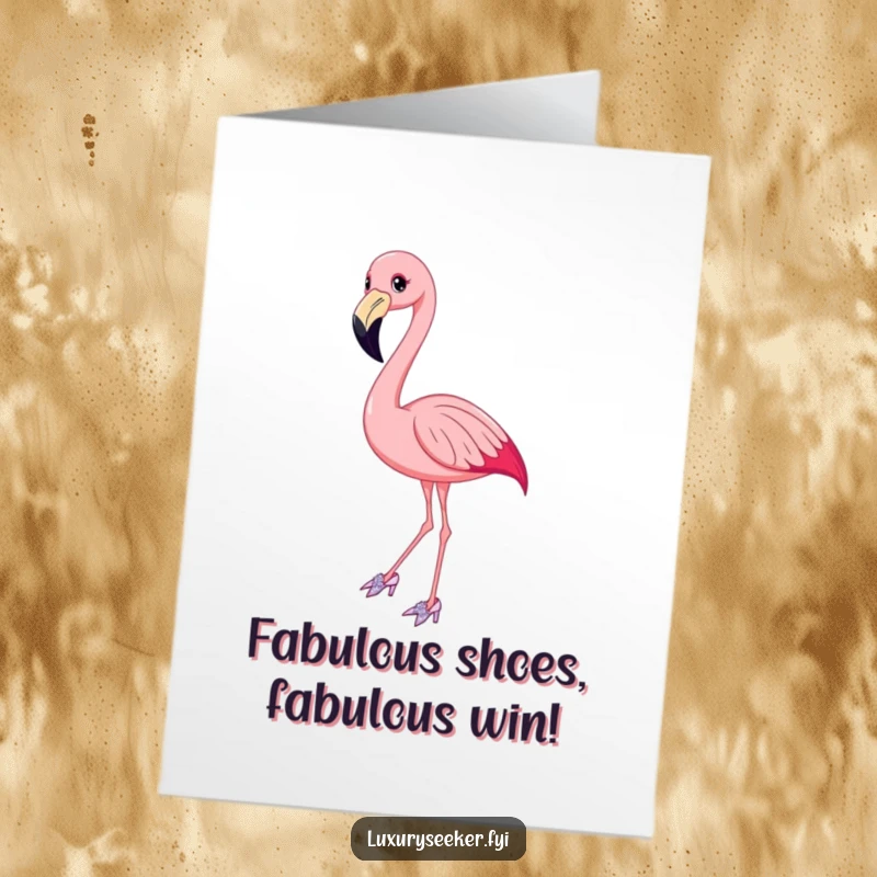 Funny Free Printable Congratulations Card: Graceful flamingo posing elegantly while sporting dazzling, sparkly shoes, celebrating a win.