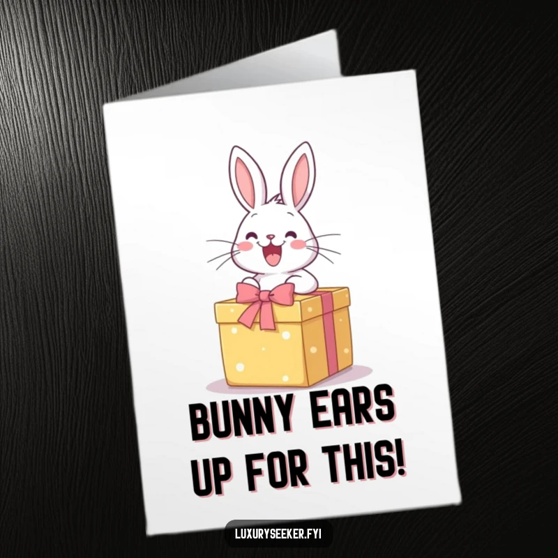 Funny Free Printable Congrats Card: Happy rabbit eagerly opens a gift box, celebrating exciting news with downloadable cheer.