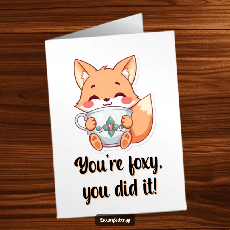 Charming Free Printable Congratulations Card: Joyful fox character raising a jeweled teacup in a toast to success.