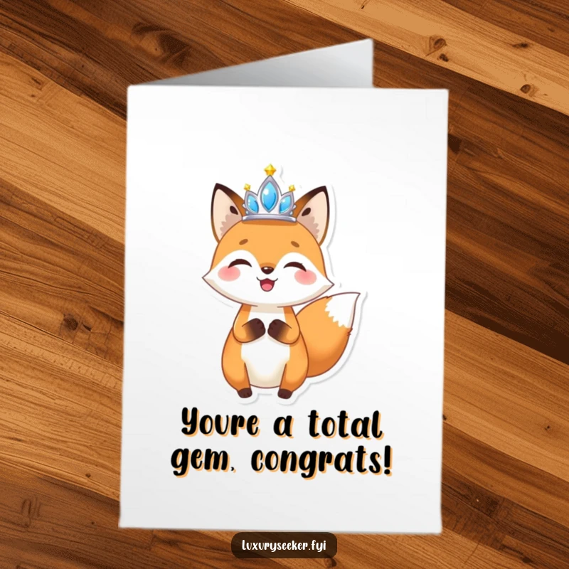 Funny Free Printable Congratulations Card featuring a joyful fox holding a miniature, sparkling tiara aloft in victory.