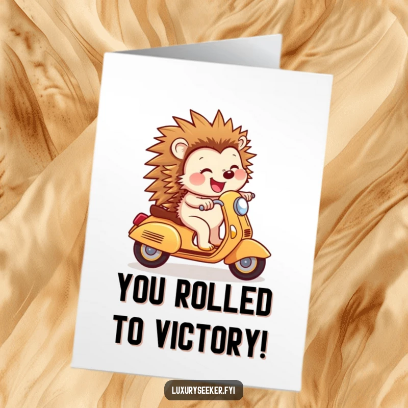 Funny Free Printable Congrats Card: a joyful hedgehog on a golden scooter zooms along, celebrating their milestone with confidence.