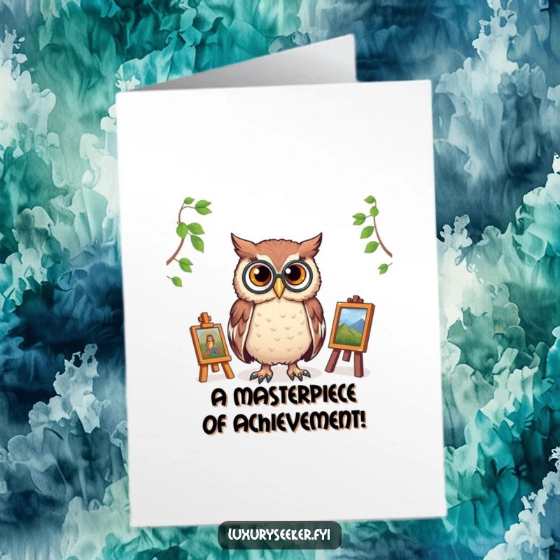 Funny free printable congratulations card: A wise owl wearing a monocle examines a tiny sculpture in a miniature gallery.