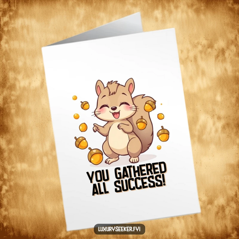 Funny Free Printable Congratulations Card: Playful squirrel energetically juggles shiny golden acorns. Downloadable art.