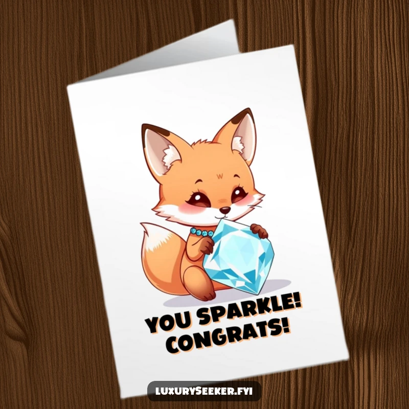 Free Printable Congratulations Card: A curious fox awestruck by a massive sparkling diamond.