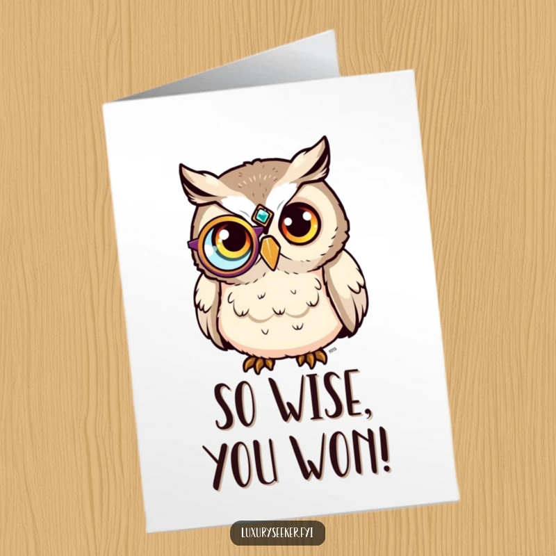 Funny Free Printable Congratulations Card: Content owl wearing a jeweled monocle, looking sophisticated and congratulating your success.