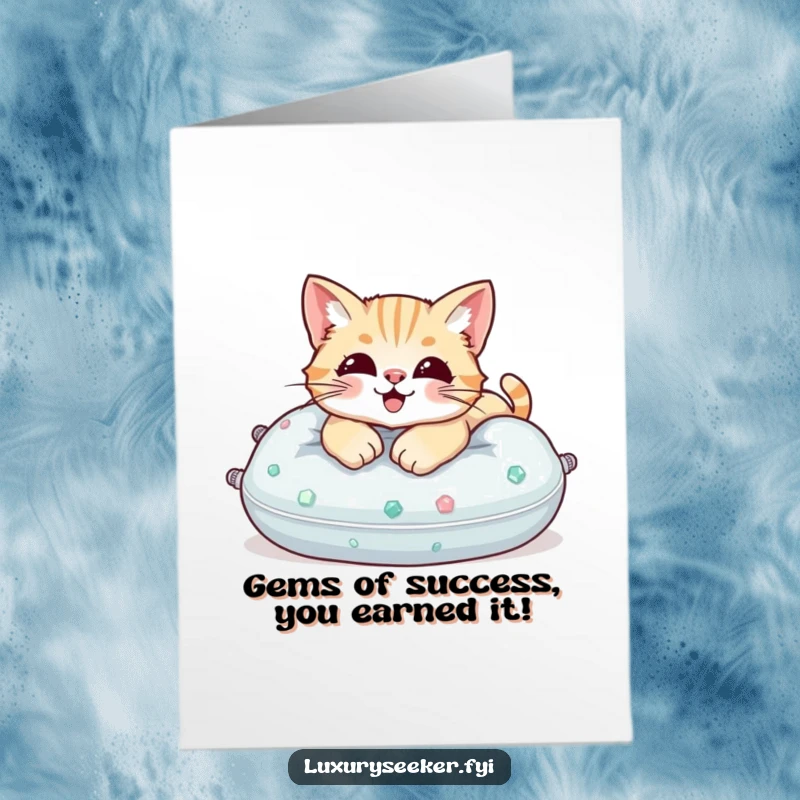 Funny free printable congratulations card showing a happy cat enjoying a cozy nap on a gemstone-studded pillow.