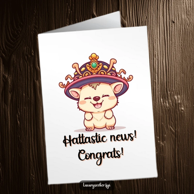 Funny Free Printable Congratulations Card: Playful creature, mischievous grin, trying on a very large, ornate hat, celebrating in style.