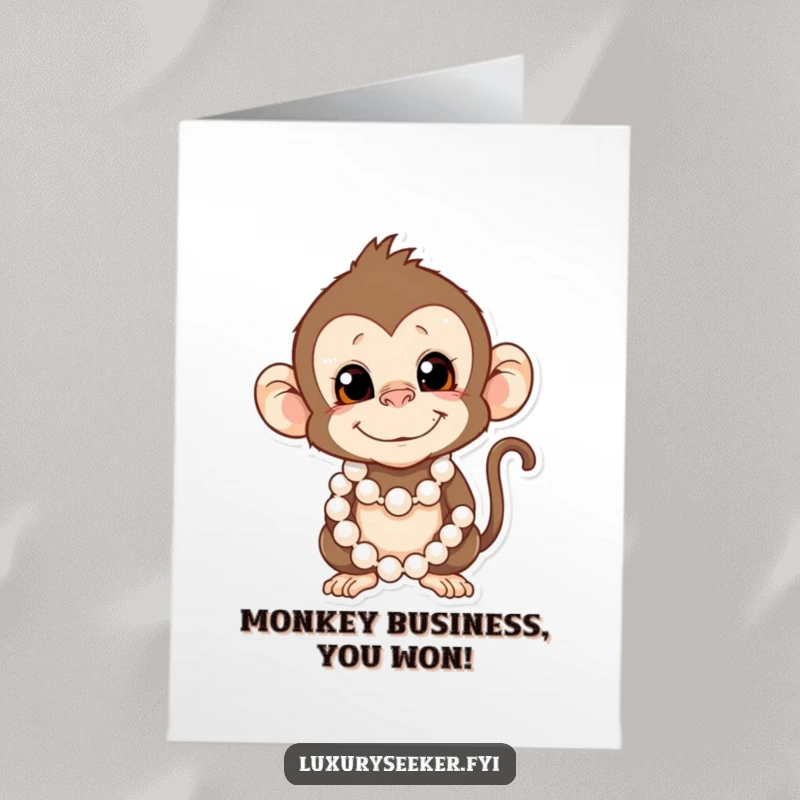 Funny Free Printable Monkey Congratulations Card: A playful monkey wearing pearls, looking surprisingly sophisticated yet mischievous.