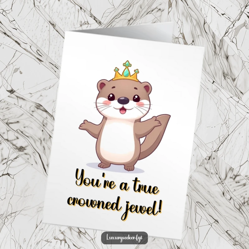 Funny Free Printable Otter Tiara Congratulations Card: A playful otter parades with a tiny jeweled tiara, celebrating a grand success.