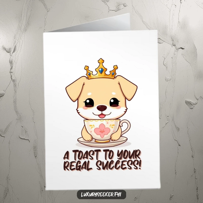 Funny free printable congratulations card featuring a happy dog daintily sipping tea while wearing a small golden crown.