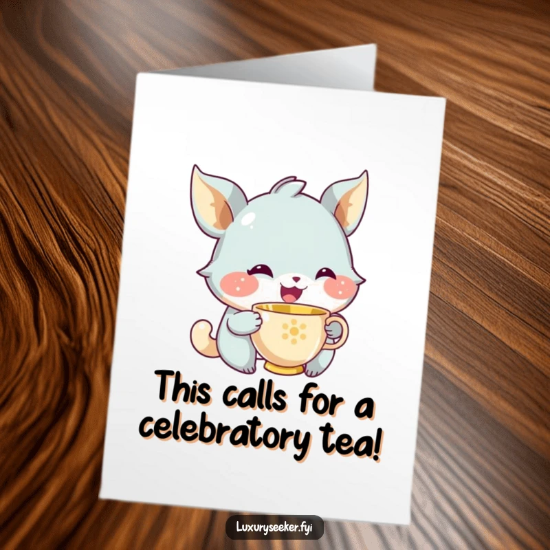 Funny Free Printable Congrats Card: Joyful creature with knowing smile sipping tea, celebrating a moment of peace.
