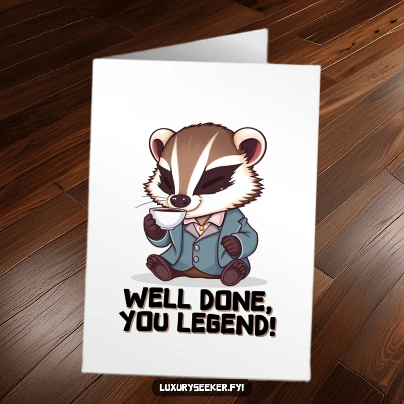 Funny free printable congratulations card: A sophisticated badger raises a teacup in a toast, celebrating success.