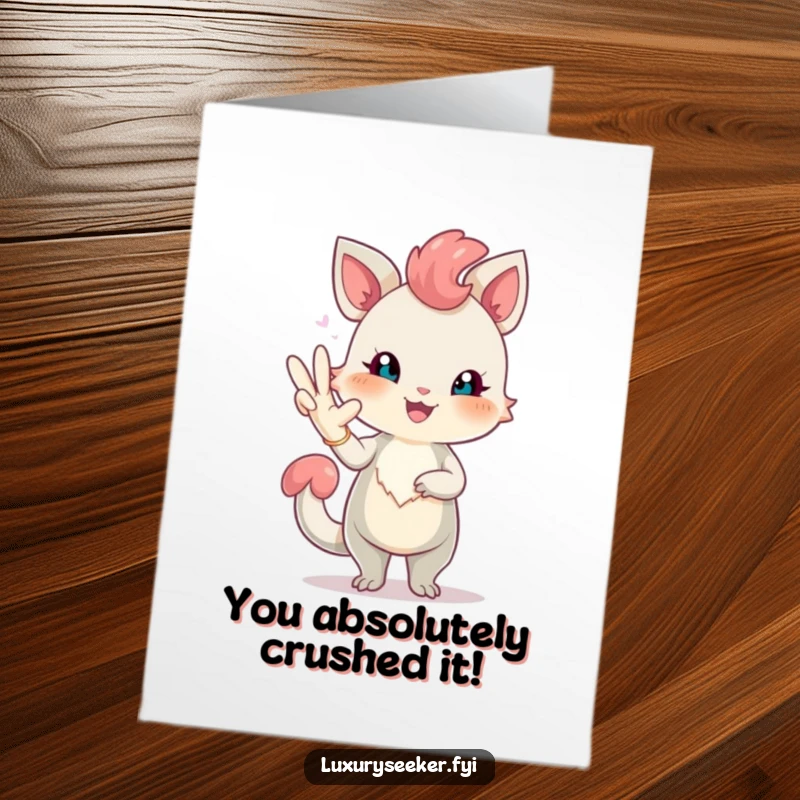 Funny Free Printable Congratulations Card: Cheerful creature blushing, striking an elegant pose with a long, fancy glove.