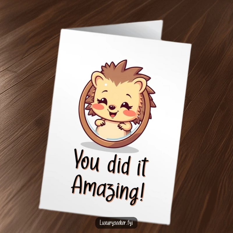 Funny Free Printable Hedgehog Congratulations Card: A proud hedgehog giving a thumbs up to his reflection.