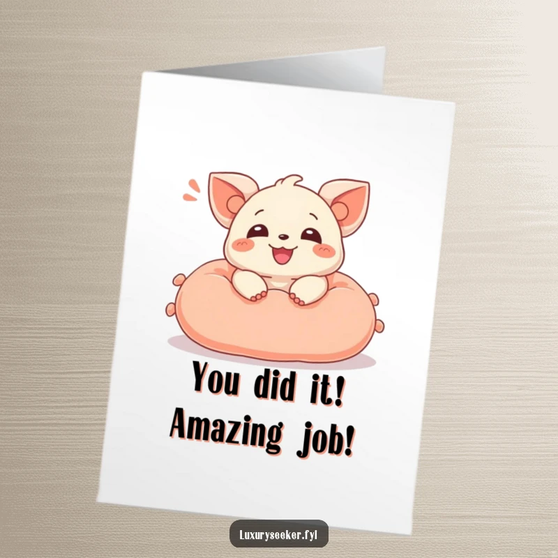 Funny Free Printable Congratulations Card: Creature sighing happily, lounging on a luxurious velvet cushion, celebrating relaxation and success.