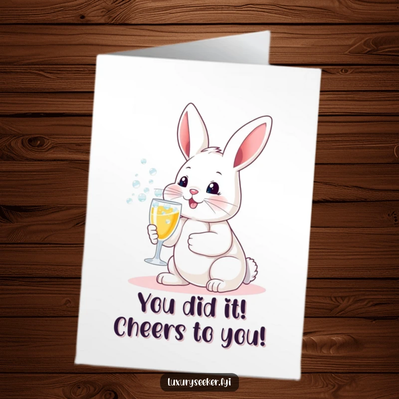 Funny Free Printable Congratulations Card: Playful bunny holding a small champagne flute with abundant bubbles, cheering for success.