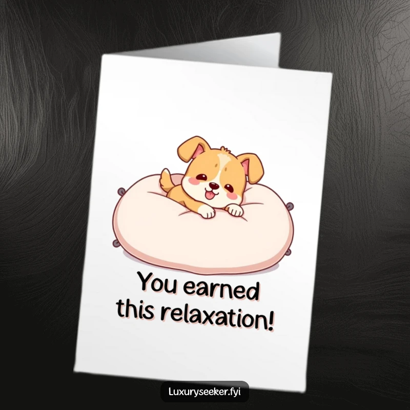 Funny Free Printable Congratulations Card: Cheerful dog blissfully lounging on an enormous velvet pillow. Downloadable art.