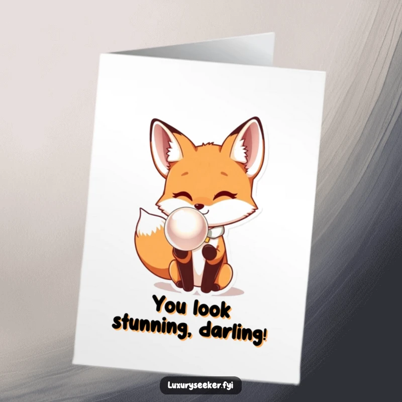 Funny Free Printable Congratulations Card: Bow-tied fox marvels at a giant shimmering pearl.